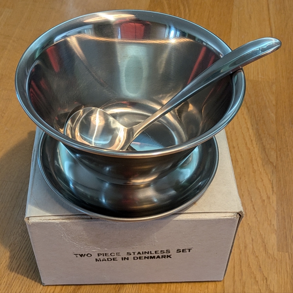 Vintage Denmark Mid Century Modern Stainless Steel Bowl Attached Plate Spoon Set